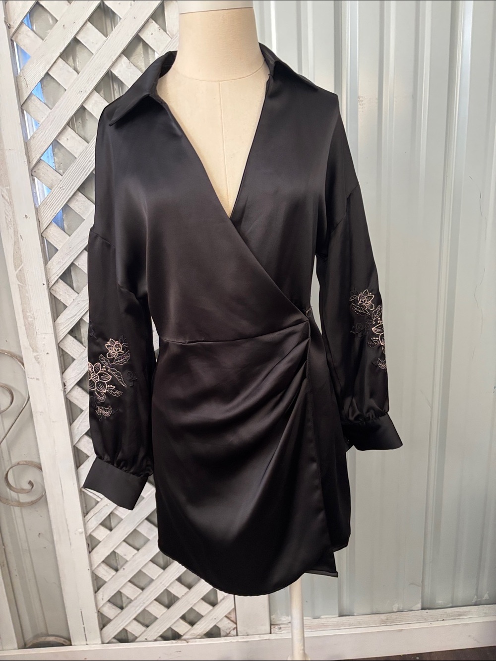 Zara Black Satin Wrap Mini Dress with Embroidered Sleeves